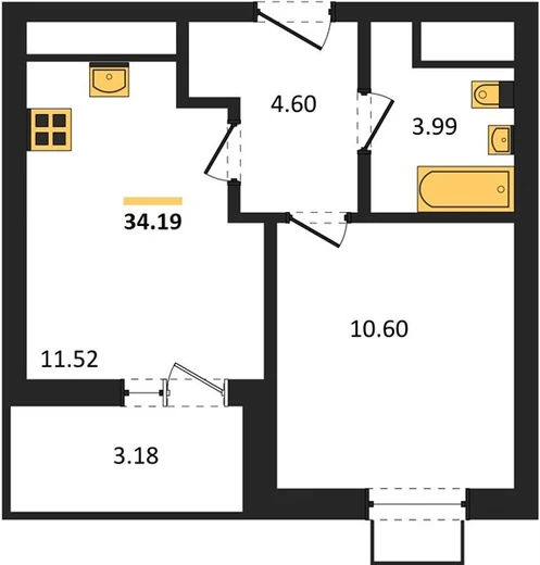 Квартира 1-комн. 34.19 кв. м