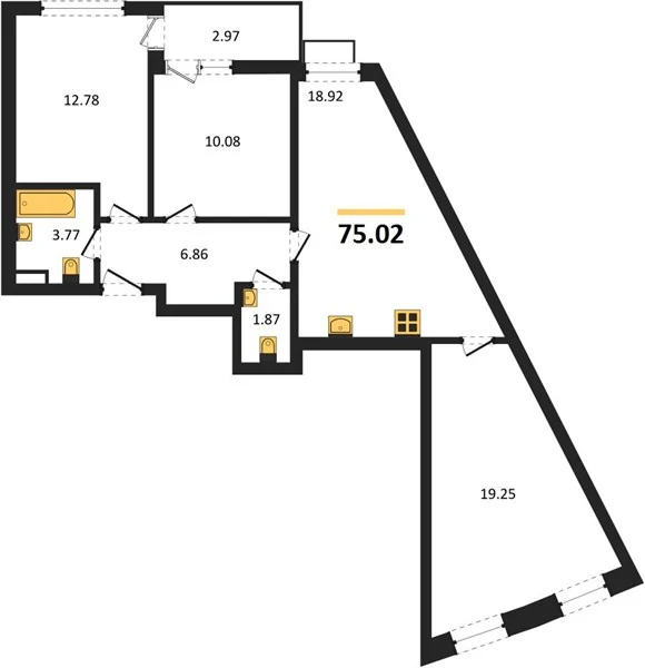 Квартира 3-комн. 75.02 кв. м