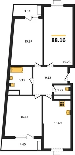 Квартира 3-комн. 88.16 кв. м