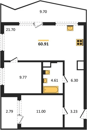 Квартира 2-комн. 60.91 кв. м