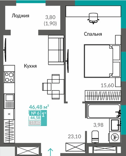 Квартира 1-комн. 44.58 кв.м