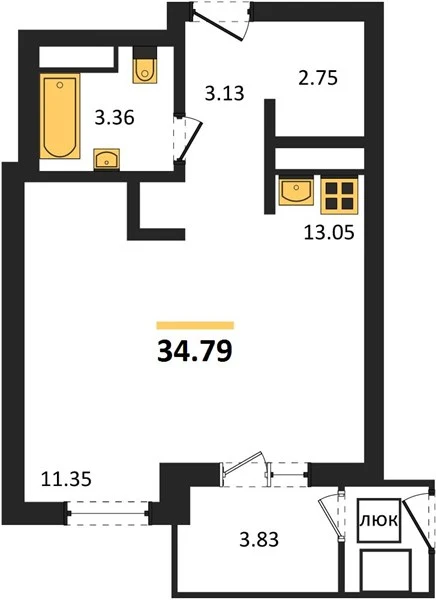 Квартира Студия 34.79 кв. м