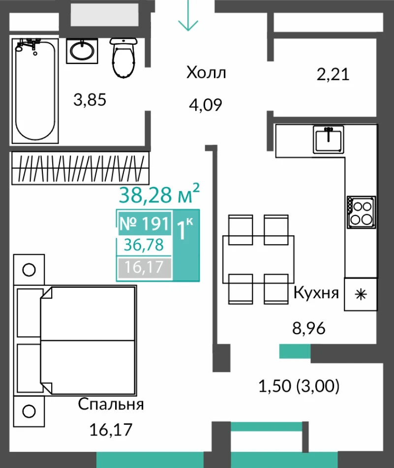 Квартира 1-комн. 36.78 кв.м