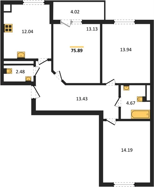 Квартира 3-комн. 75.89 кв. м