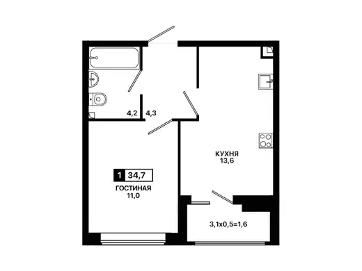 Квартира 1-комн. 34.7 кв. м