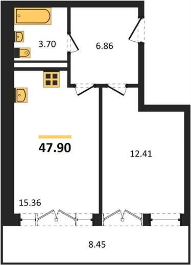 Квартира 1-комн. 47.9 кв. м