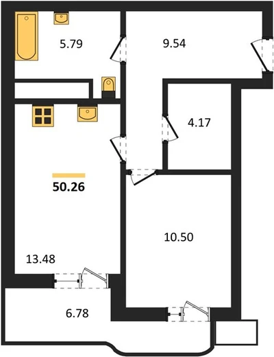 Квартира 1-комн. 50.26 кв. м