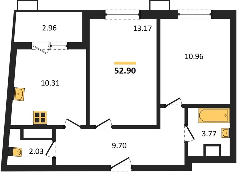 Квартира 2-комн. 52.9 кв. м