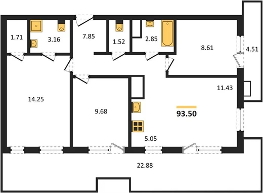 Апартаменты 3-комн. 93.5 кв. м