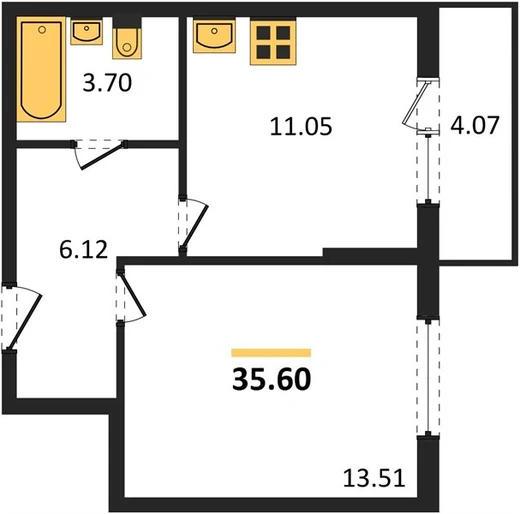 Апартаменты 1-комн. 35.6 кв. м