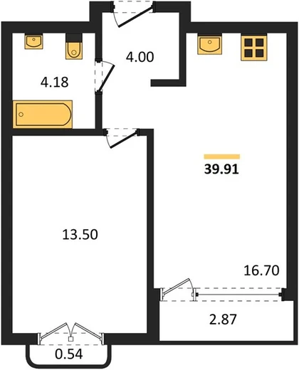 Квартира 1-комн. 39.91 кв. м