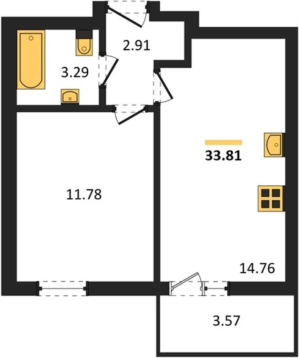 Квартира 1-комн. 33.81 кв. м