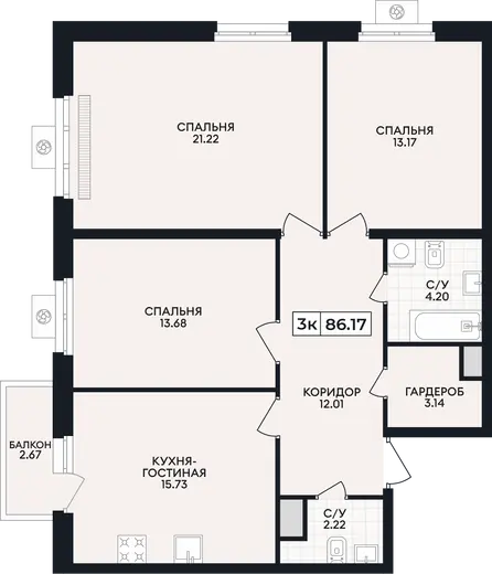 Квартира 3-комн. 86.17 кв. м