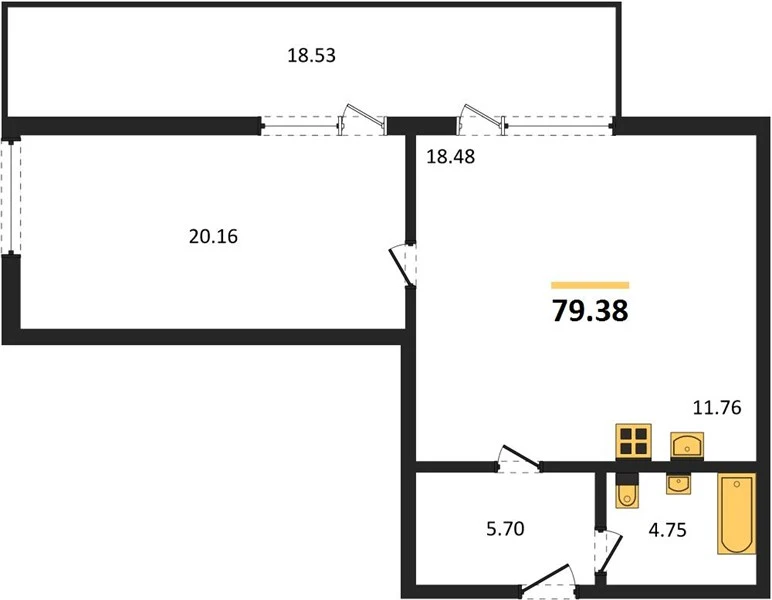 Квартира 1-комн. 79.38 кв. м