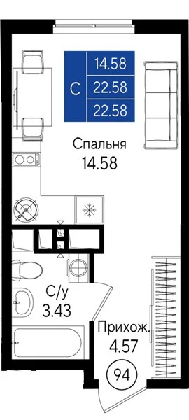 Квартира Студия 22.58 кв. м