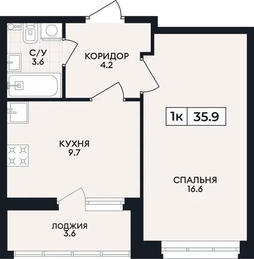 Квартира 1-комн. 35.9 кв. м