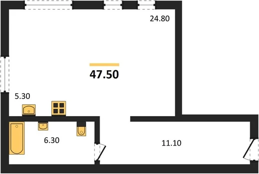 Квартира 1-комн. 47.5 кв. м