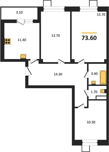 Квартира 3-комн. 73.6 кв. м