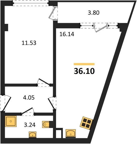Квартира 1-комн. 36.1 кв. м