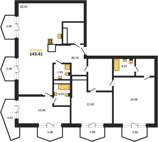 Квартира 3-комн. 143.41 кв. м