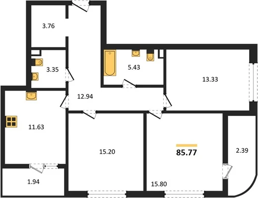 Квартира 3-комн. 85.77 кв. м