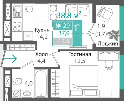 Квартира 1-комн. 37 кв.м