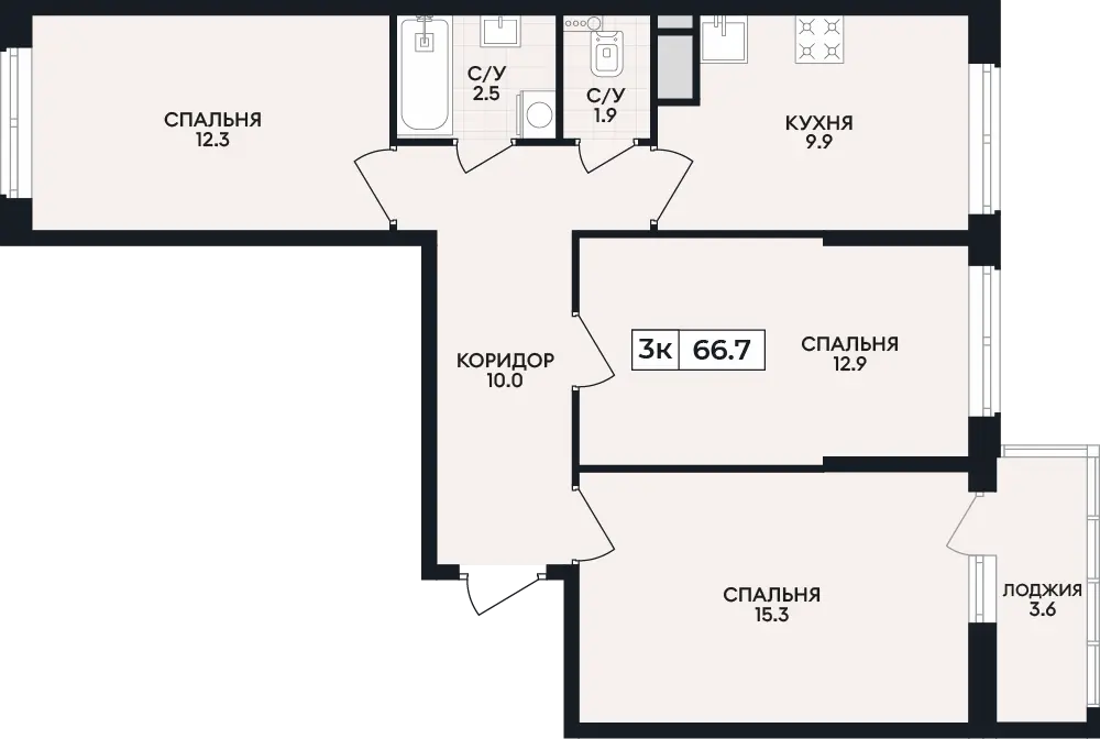 Квартира 3-комн. 66.7 кв. м