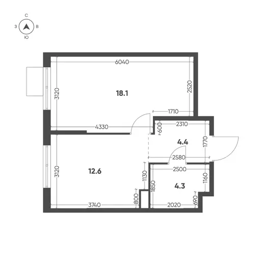 Квартира 1-комн. 39.4 кв. м