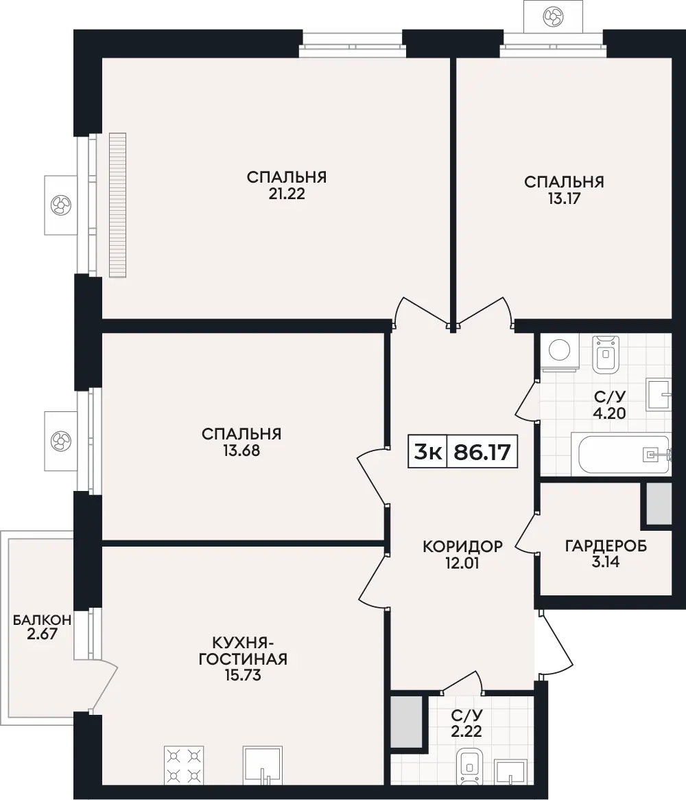 Квартира 3-комн. 86.17 кв. м