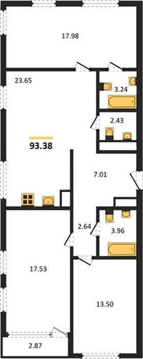 Квартира 3-комн. 93.38 кв. м