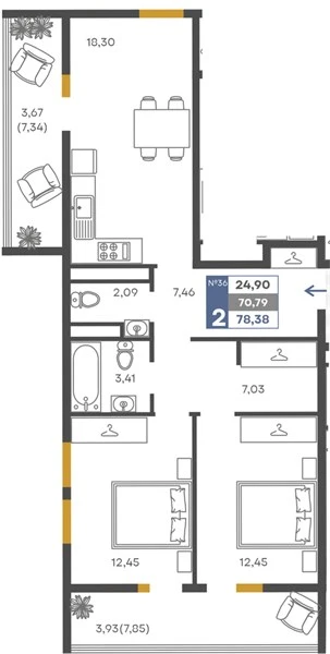 Квартира 2-комн. 70.79 кв. м