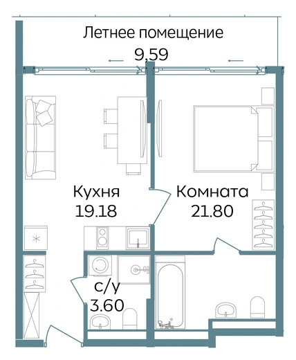 Апартаменты 2-комн. 54.17 кв. м