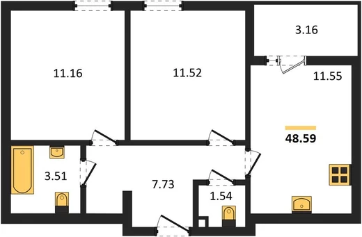 Квартира 2-комн. 48.59 кв. м