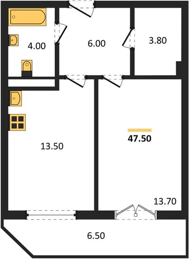 Квартира 1-комн. 47.5 кв. м
