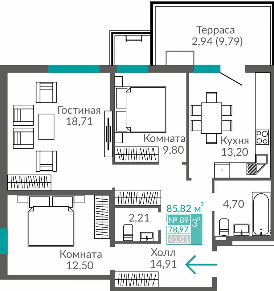 Квартира 3-комн. 74.8 кв.м