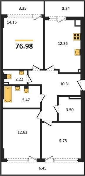 Квартира 3-комн. 76.98 кв. м