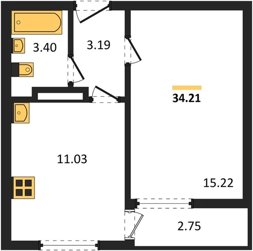 Квартира 1-комн. 34.21 кв. м