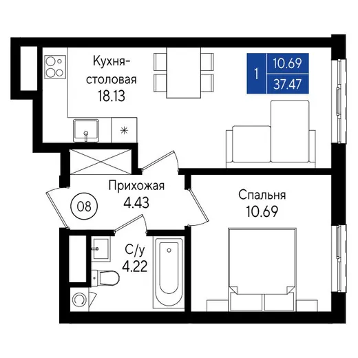 Квартира 1-комн. 37.47 кв. м