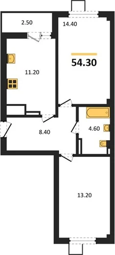 Квартира 2-комн. 54.3 кв. м