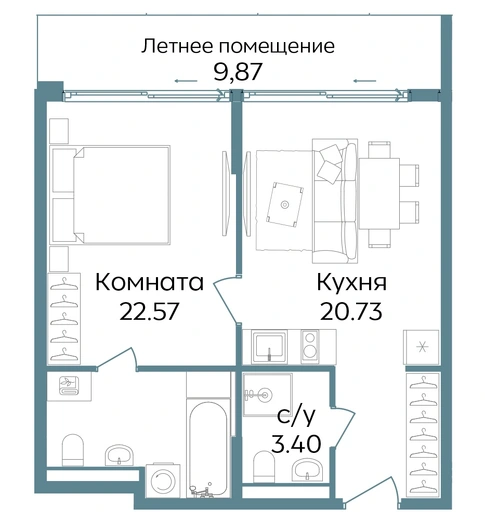 Апартаменты 2-комн. 56.57 кв. м