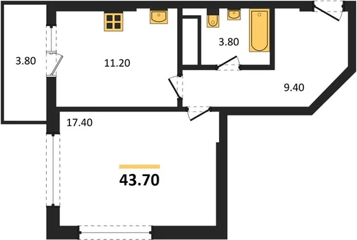 Квартира 1-комн. 43.7 кв. м