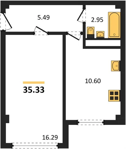 Квартира 1-комн. 35.33 кв. м