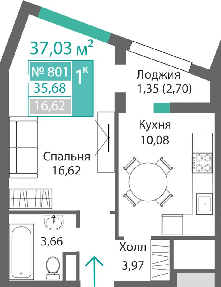 Квартира 1-комн. 35.68 кв.м