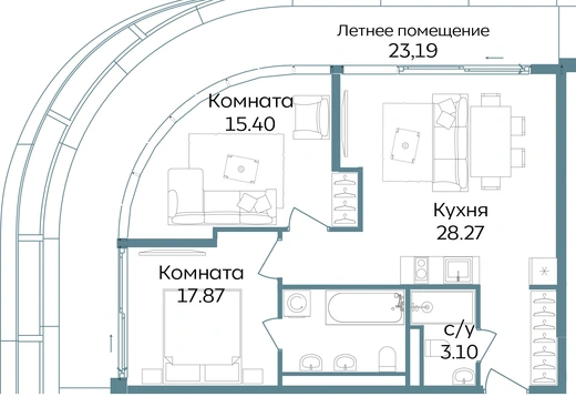 Апартаменты 3-комн. 87.83 кв. м