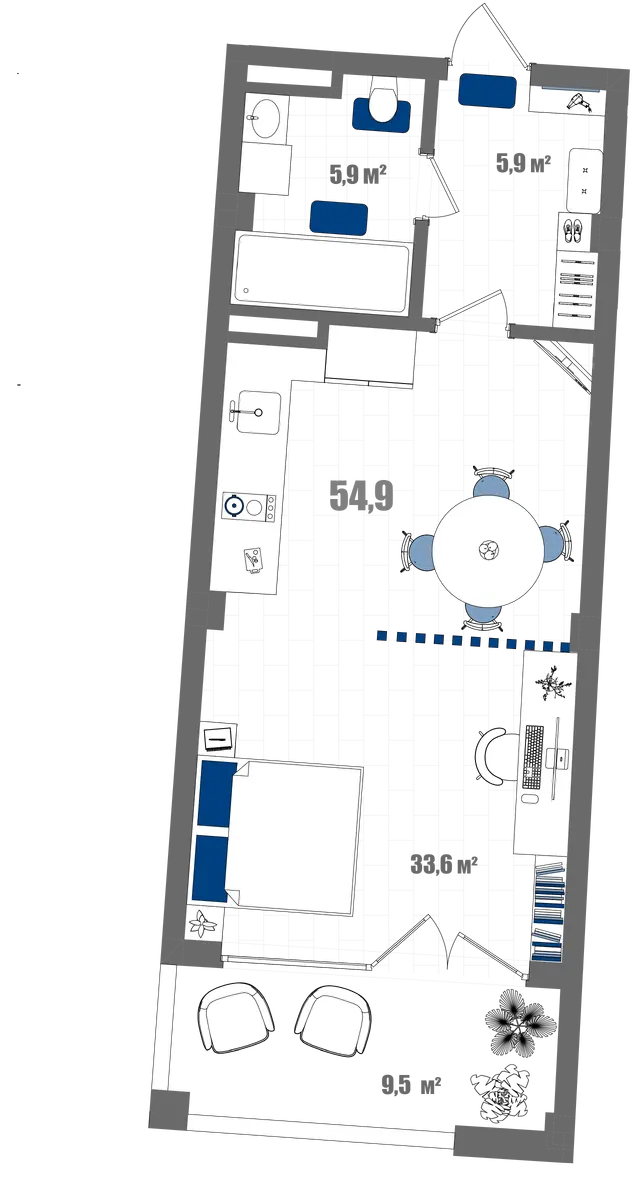 Апартаменты Студия 54.9 кв. м