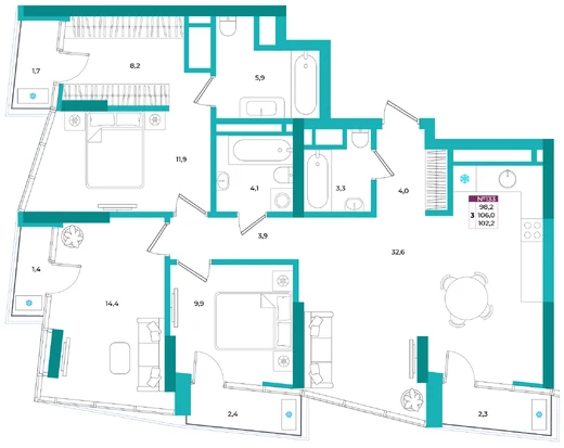 Квартира 3-комн. 102.2 кв.м