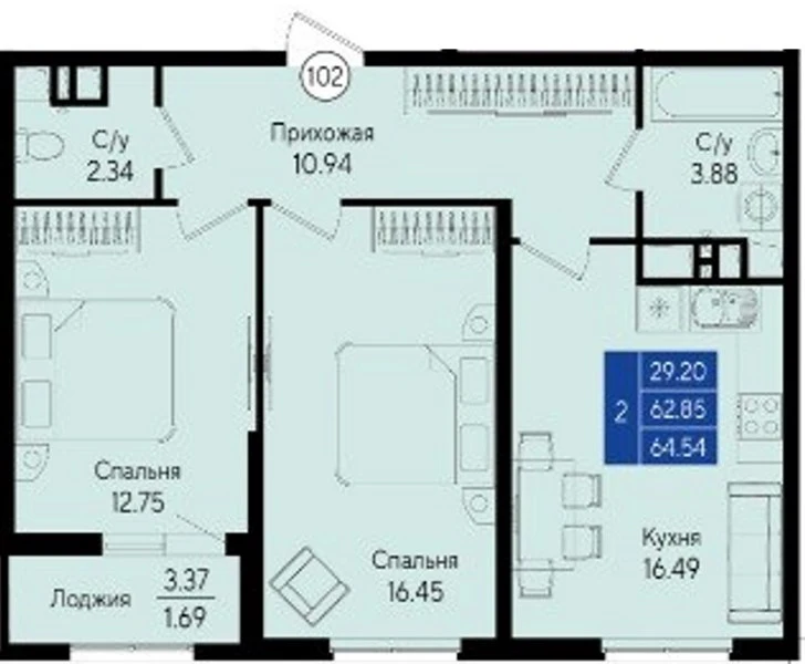 Квартира 2-комн. 64.54 кв. м