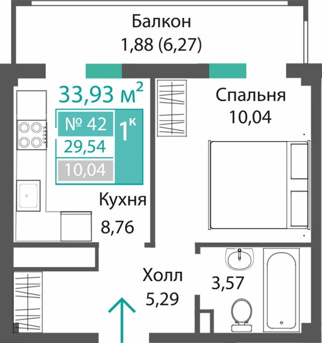 Квартира 1-комн. 29.54 кв.м