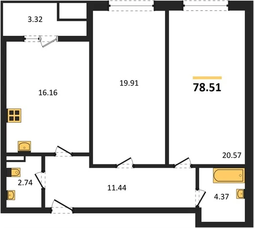 Квартира 2-комн. 78.51 кв. м
