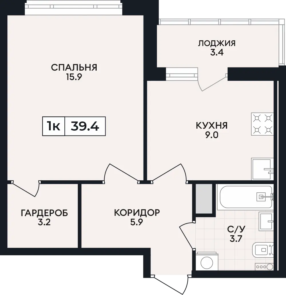 Квартира 1-комн. 39.4 кв. м